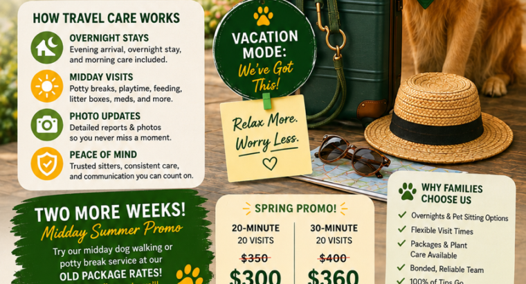 June Update from Solgave (Mid Day Promo and Pet sit and overnights for summer)