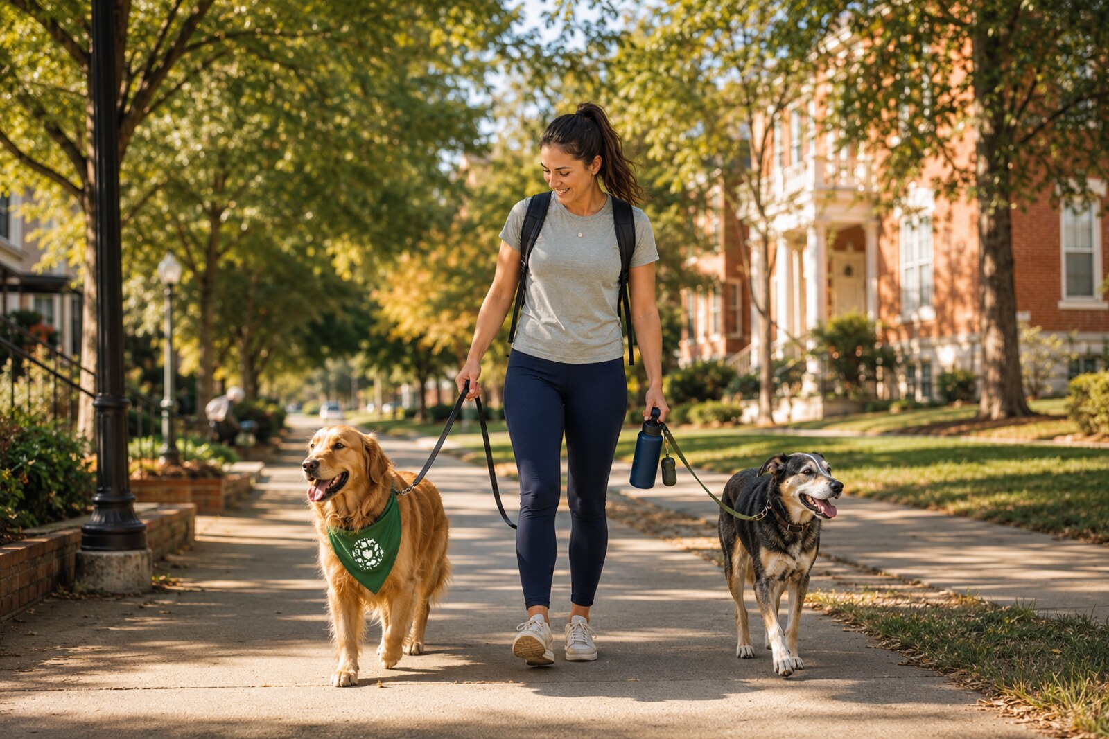 Professional Solgave caregiver walking two dogs through a leafy Fayetteville neighborhood during a midday visit.