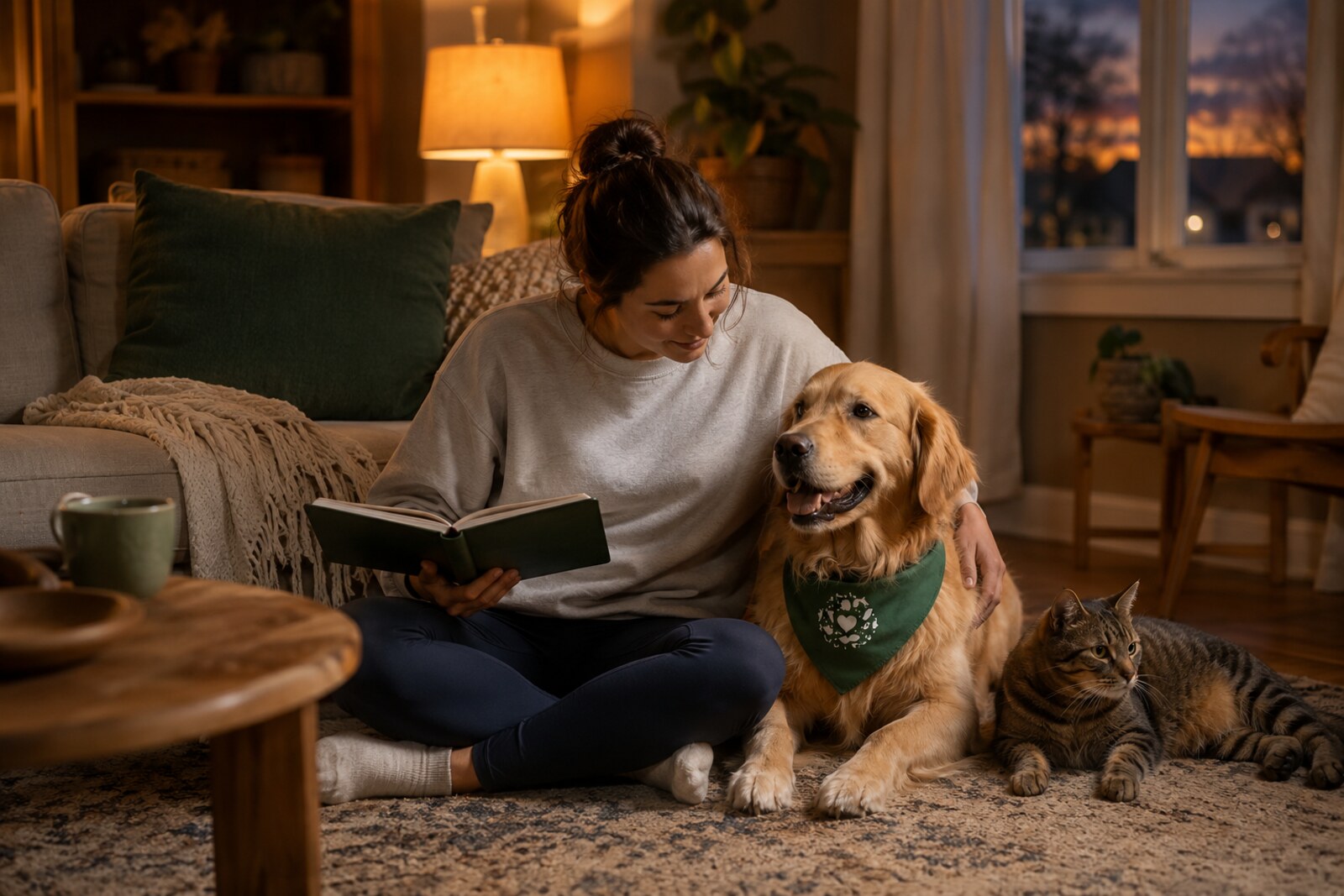 Solgave overnight caregiver relaxing at home with a golden retriever and tabby cat during their evening routine.
