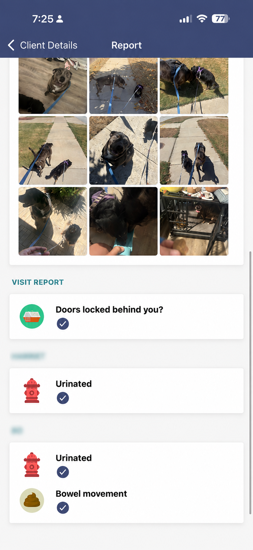 Privacy-safe Time To Pet visit report showing pet photos and completed care and home-security checks.