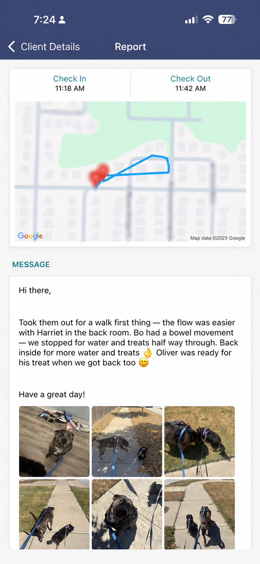 Privacy-safe Time To Pet visit report showing check-in and check-out, a walking route, written note, and pet photos.