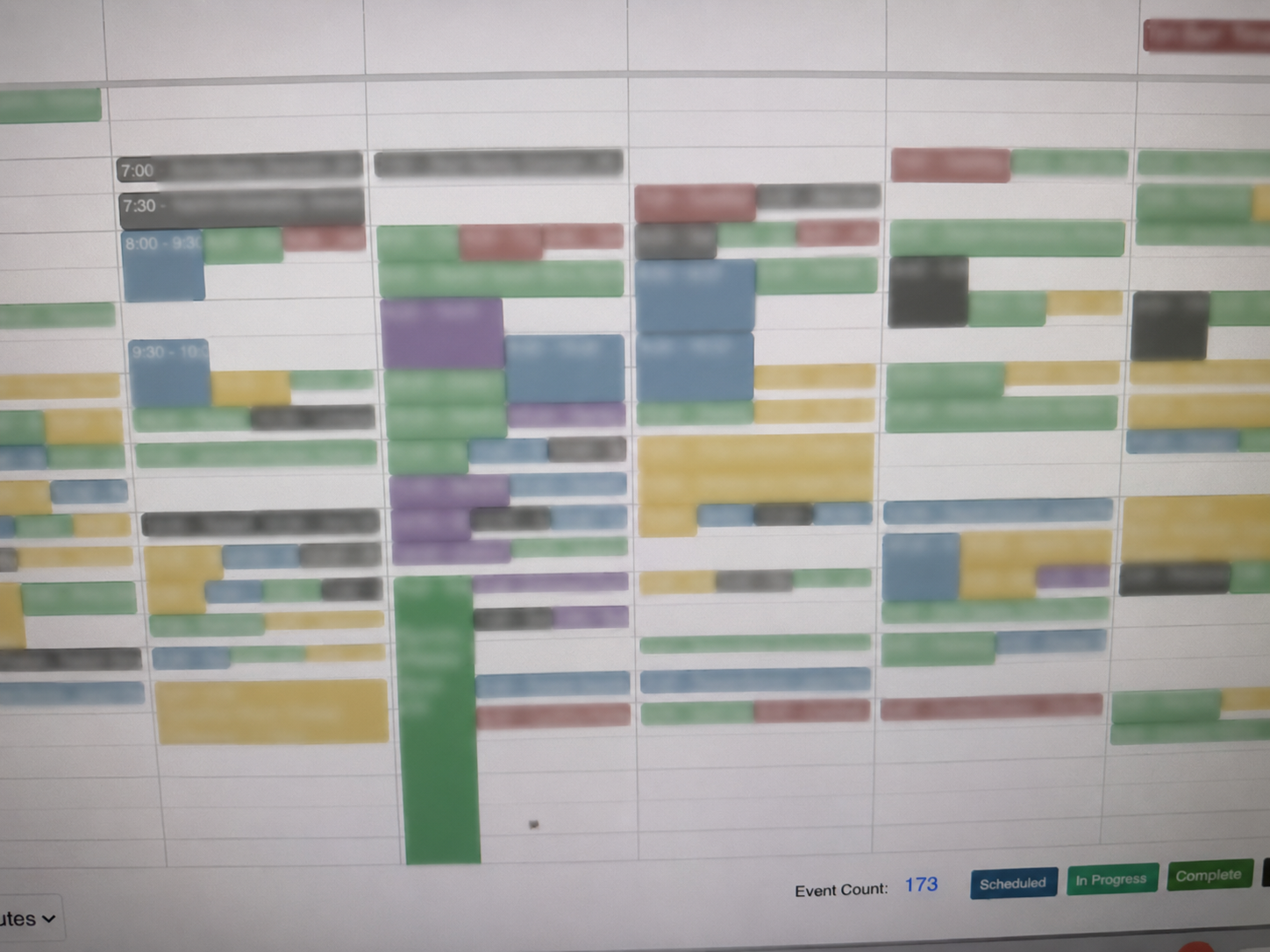 Privacy-safe Time To Pet schedule showing a representative 173-event week in 2026.