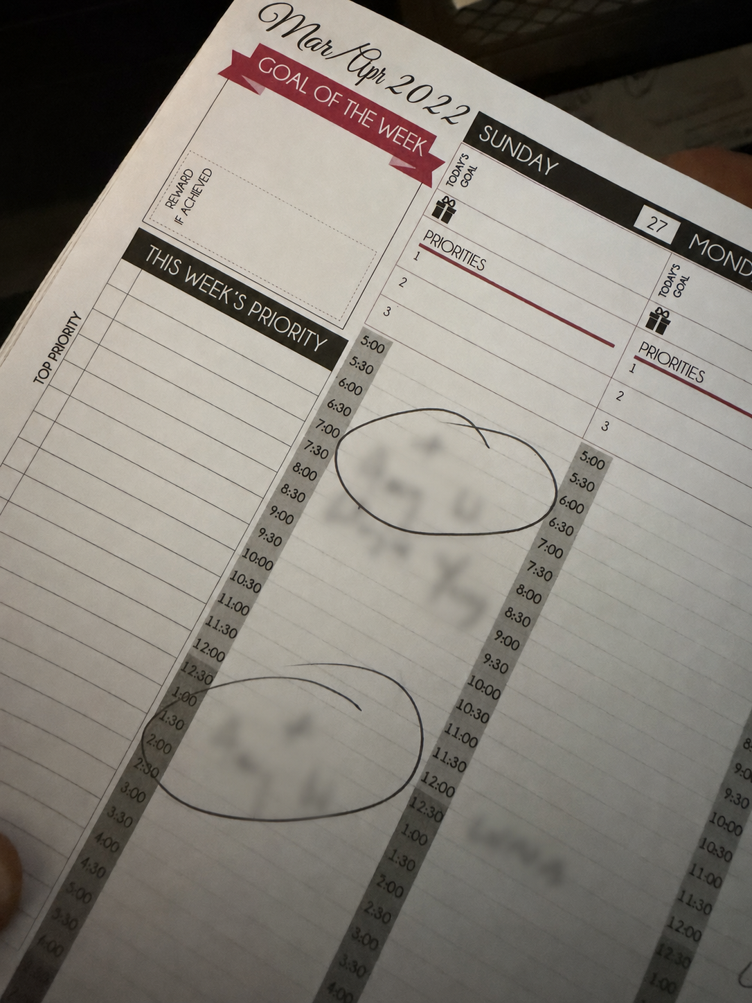 Privacy-safe photograph of Solgave's March–April 2022 paper planner with circled half-hour appointments.