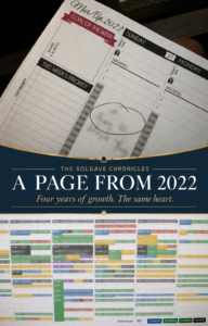 Solgave Chronicles graphic comparing a privacy-safe 2022 paper planner with a privacy-safe 197-event digital schedule.