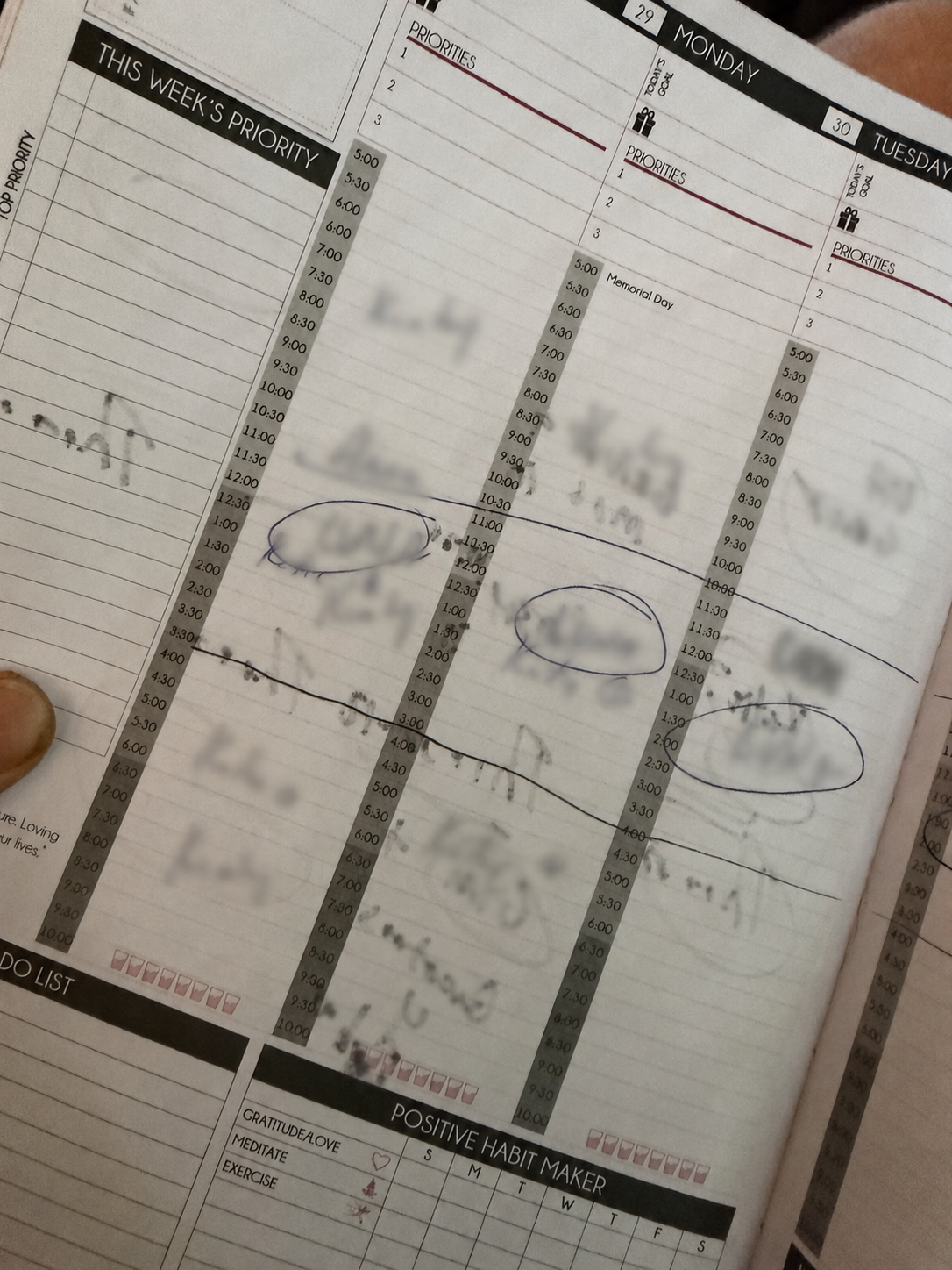 Privacy-safe photograph of Solgave's Memorial Day week 2022 planner with handwritten appointments, circles, lines, and ink smudges.