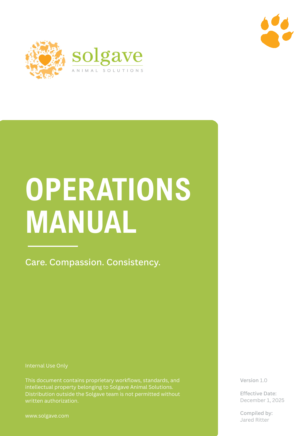 Actual cover of the Solgave Animal Solutions Operations Manual, Version 1.0.
